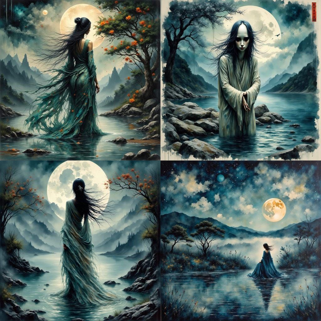 Mysterious Asian Water Nymph in Surreal Landscape