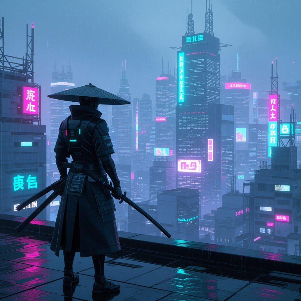 Cybernetic Samurai Overlooking Neon Dystopian City