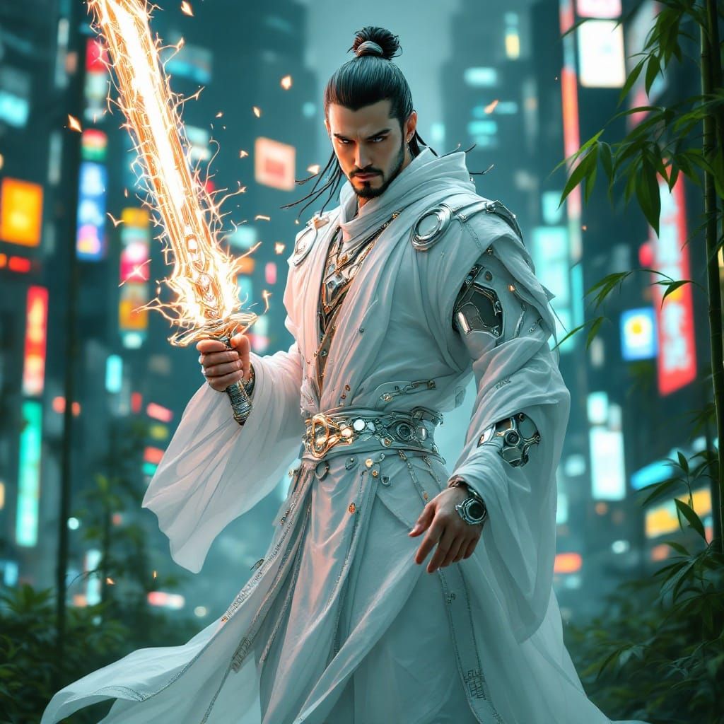 Cybernetic Ninja Air Elemental in Neon Tokyo