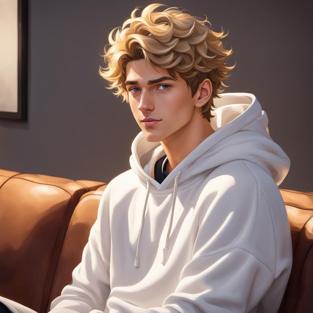 Teenage Boy with Blond Hair Sitting on Couch