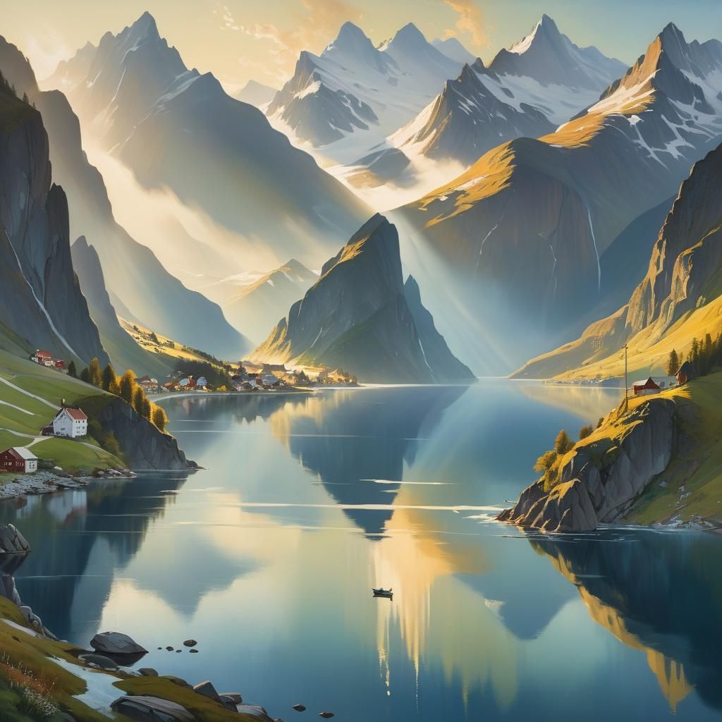 Fjord Panorama with Children in Black and White