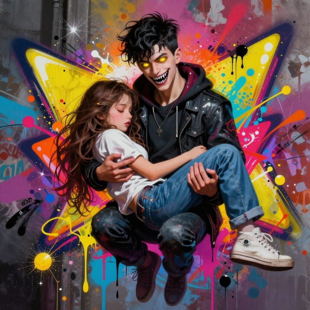Vampire Boy Cradles Unconscious Girl in Graffiti Art Style