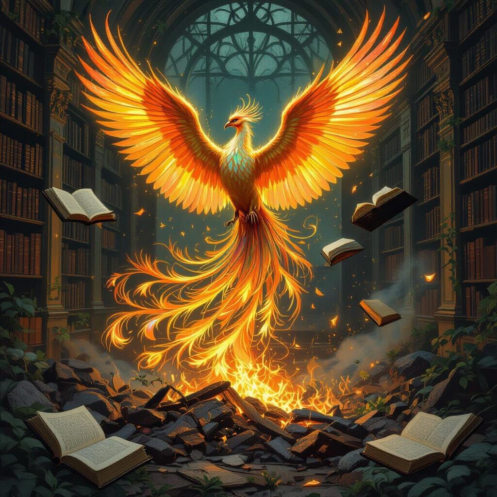 Phoenix Rising from a Forgotten Library, Pre-Raphaelite Styl...