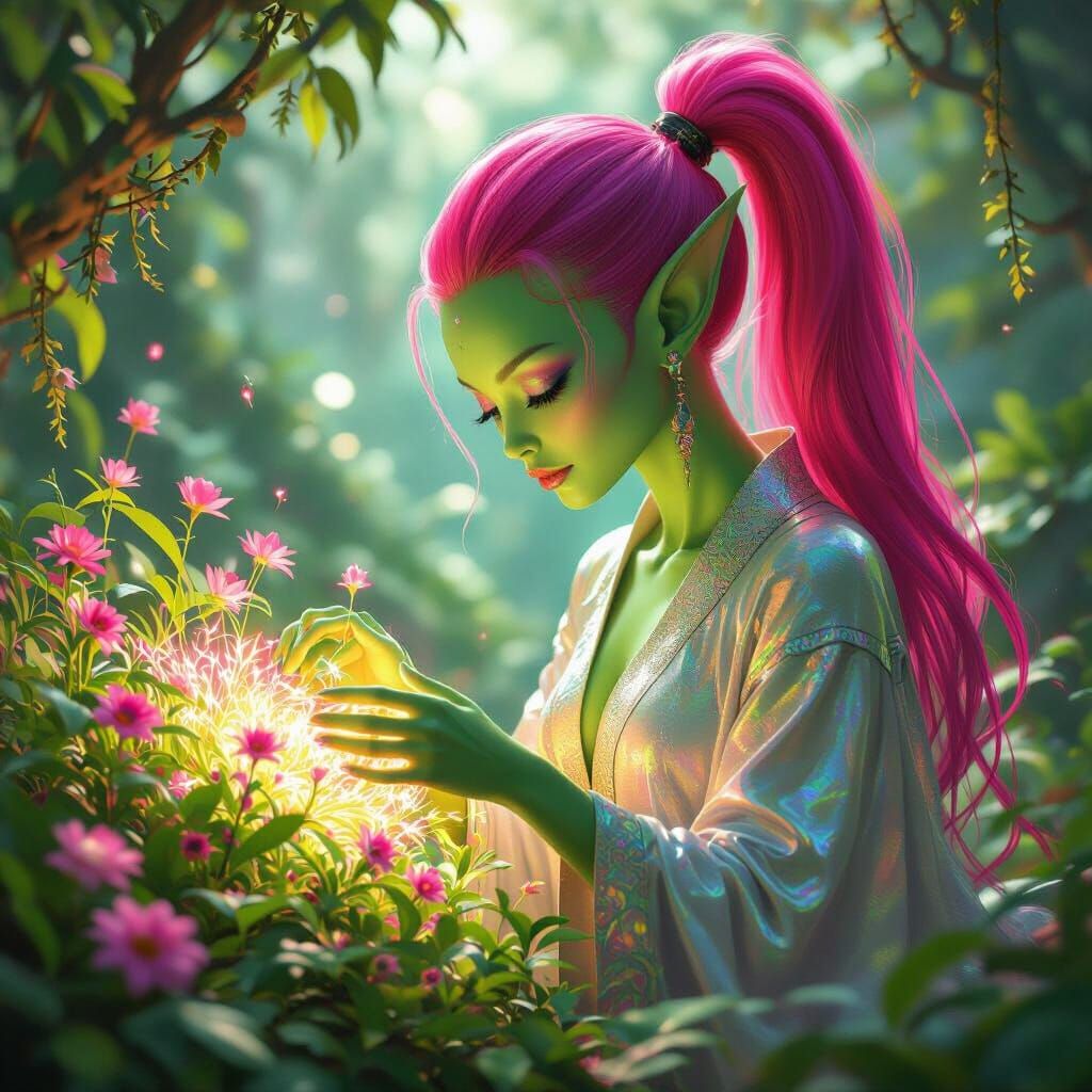 Green Alien Tending Bioluminescent Garden in Art Nouveau Sty...