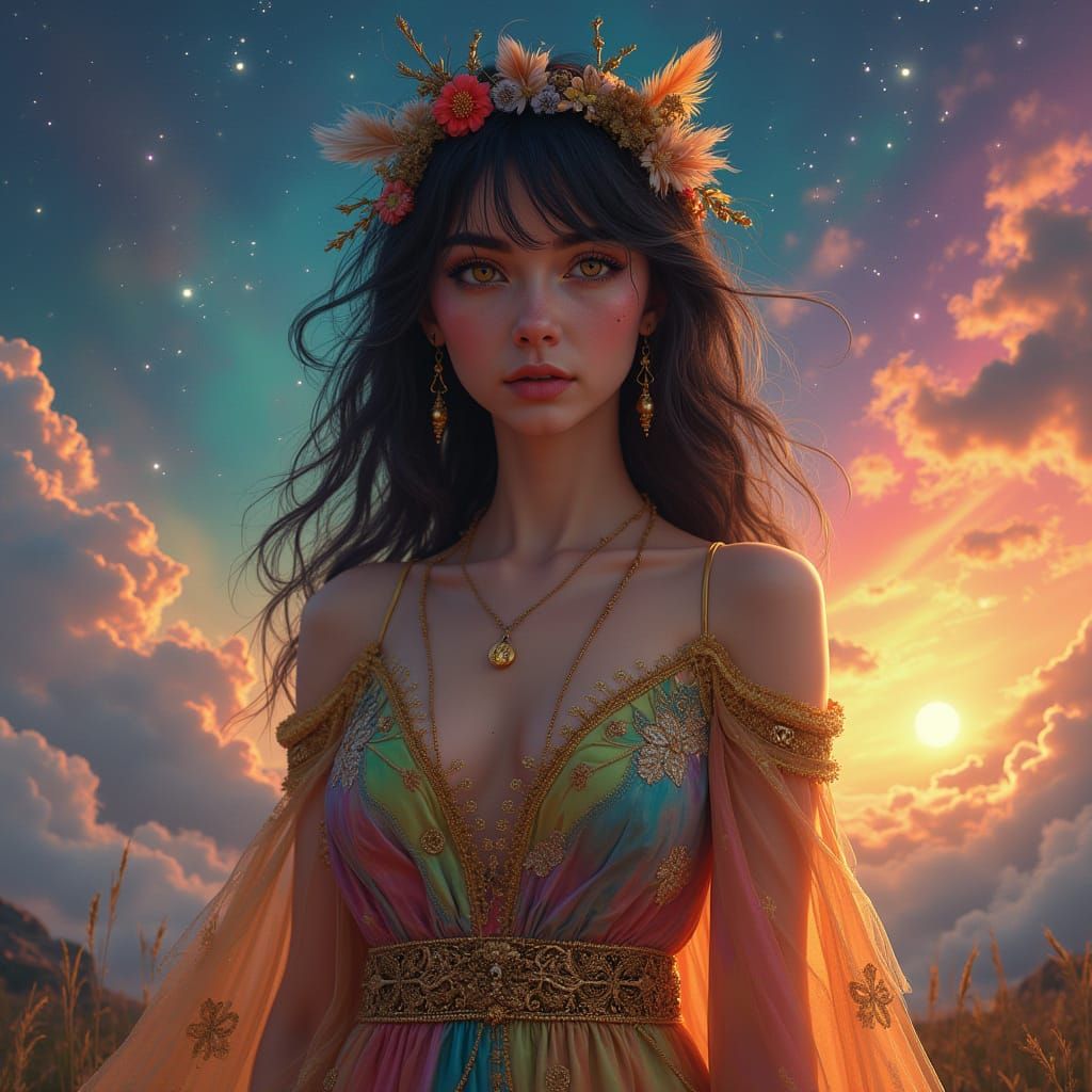 Ethereal Gypsy Goddess Under Celestial Skies