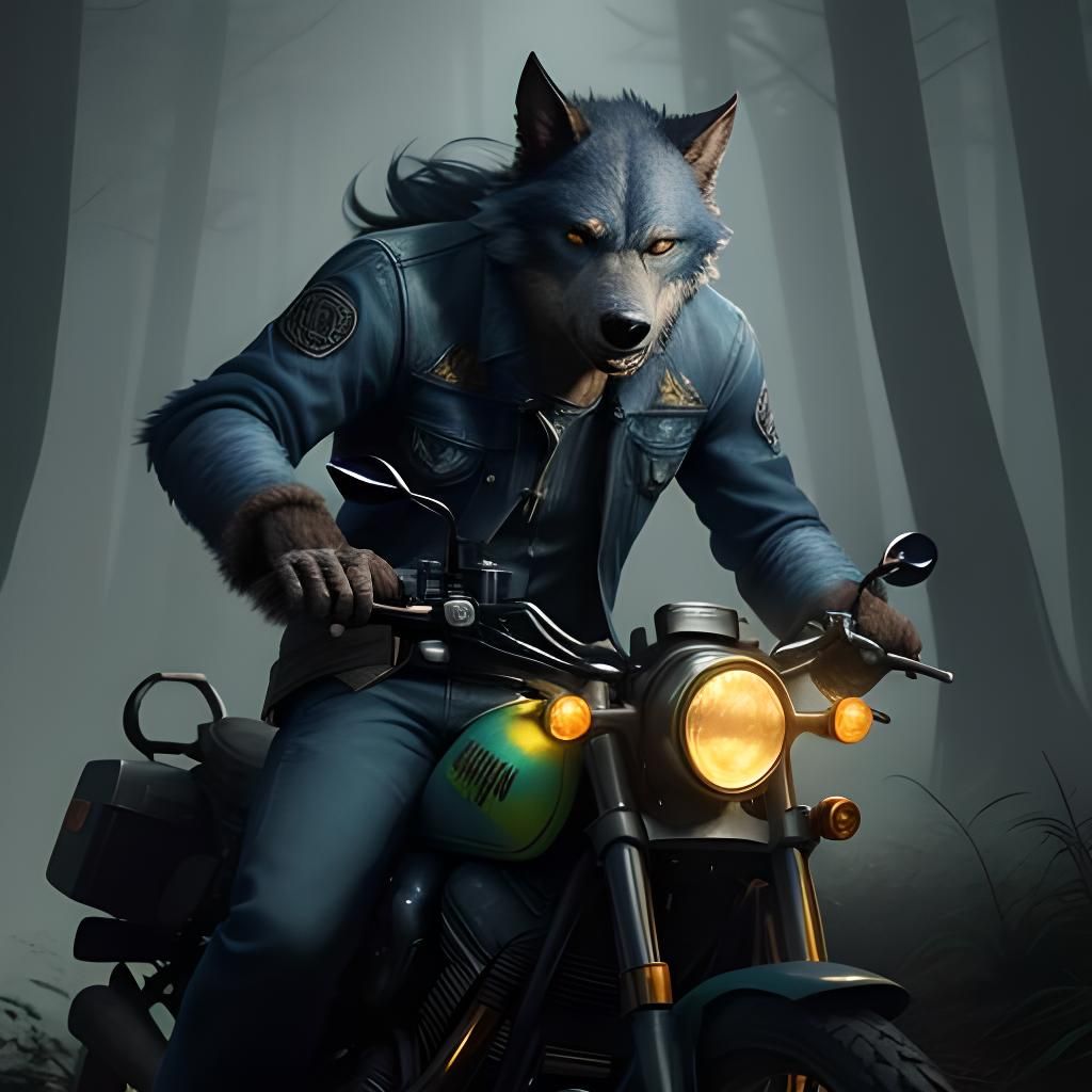 Werewolf on Motorcycle: Detailed Fantasy Concept Art