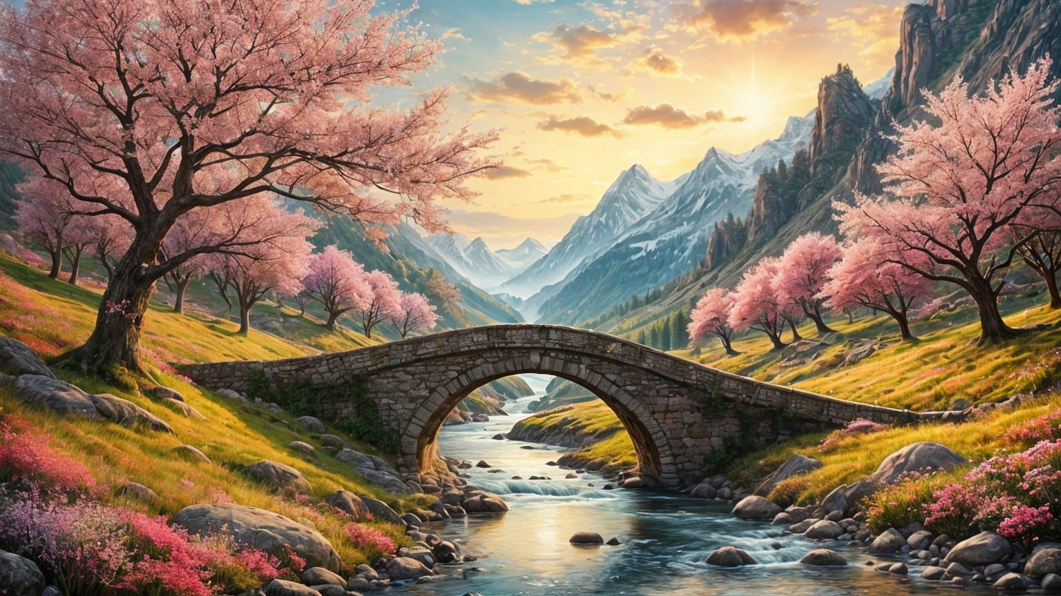 Ethereal Landscape with Blossom Trees and Cascading Stream