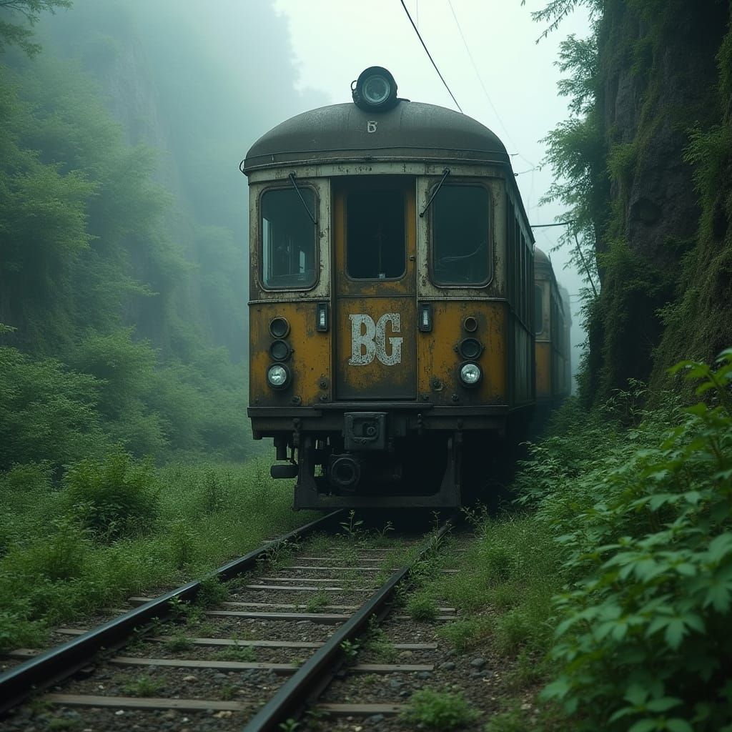 Um trem abandonado escrito “BG” e enferrujado repousa sobre um trilho estreito, à beira de um precipício coberto por veg...
