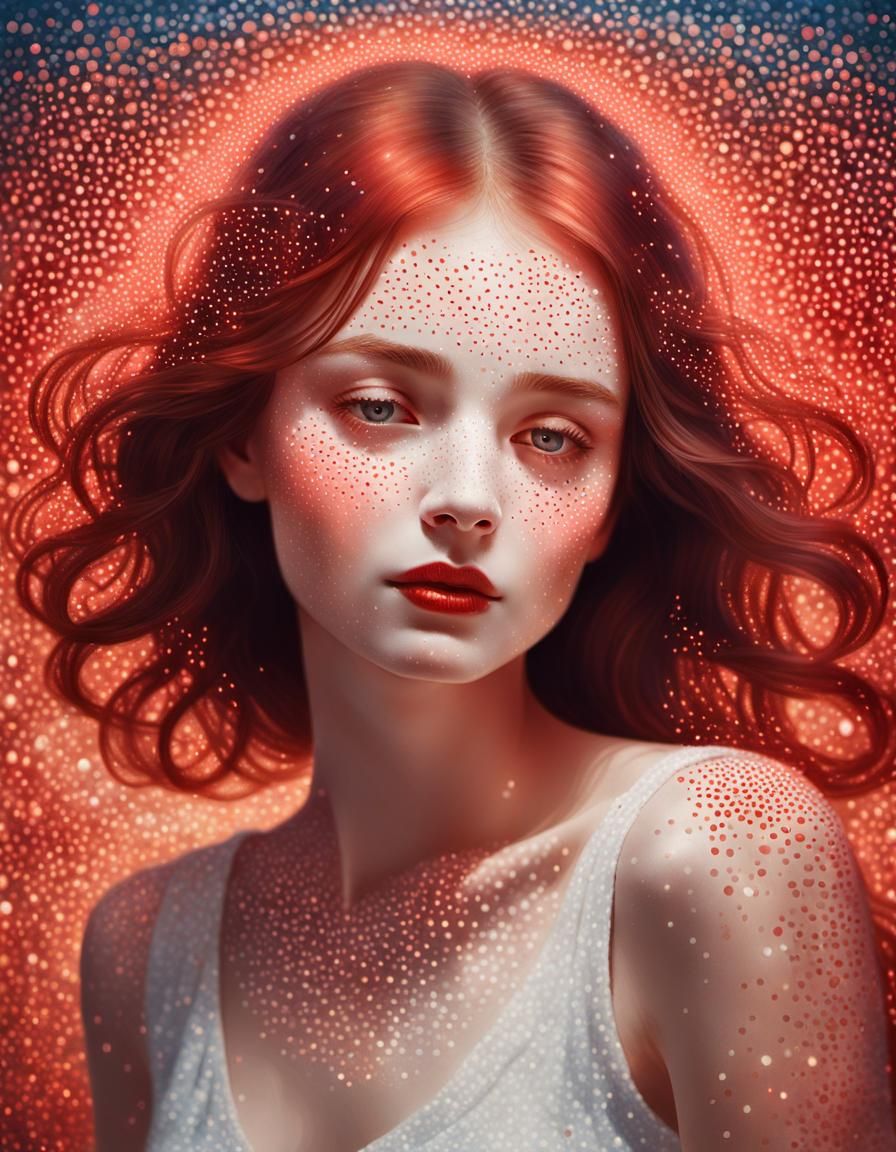 Dreamy Woman in Pointillist Dream World