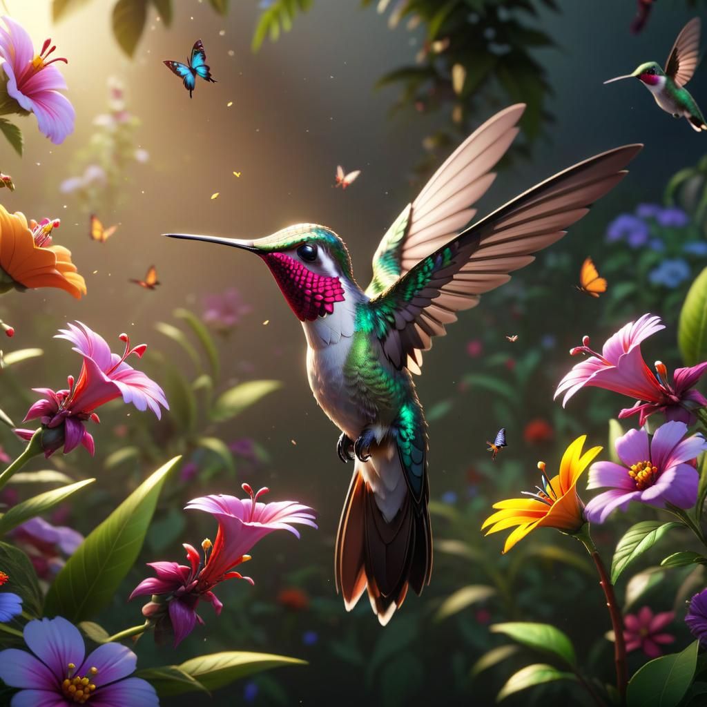 Photorealistic Hummingbird with Flowers and Butterflies