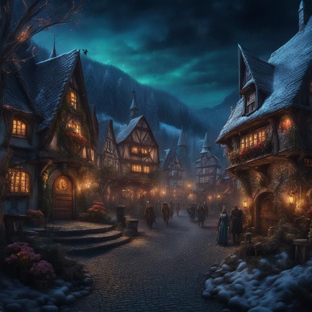 Village Prepares for Night Festival: Detailed Matte Painting
