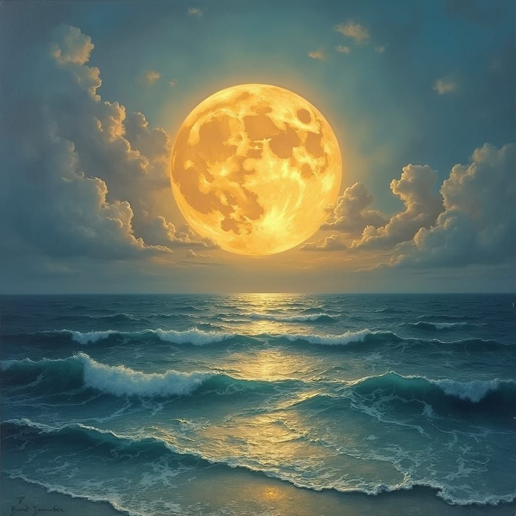 Surreal Sun and Moon Over Ocean, Dreamy Sky
