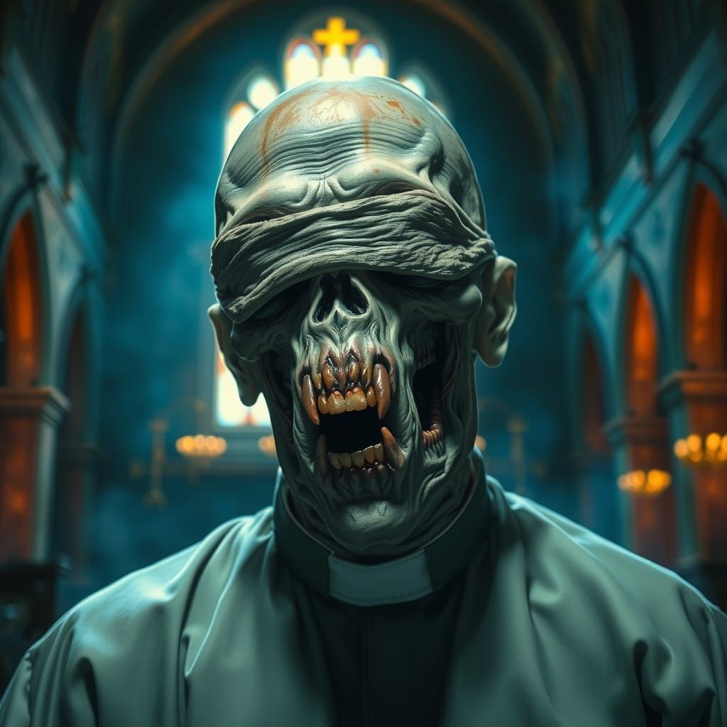 Grotesque Zombie Priest in Church, Gothic Horror Art