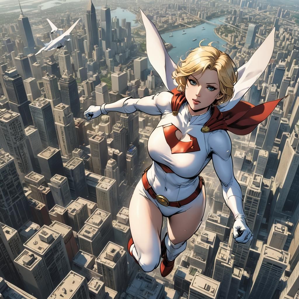 Power Girl Soars: Anime-Inspired Cityscape