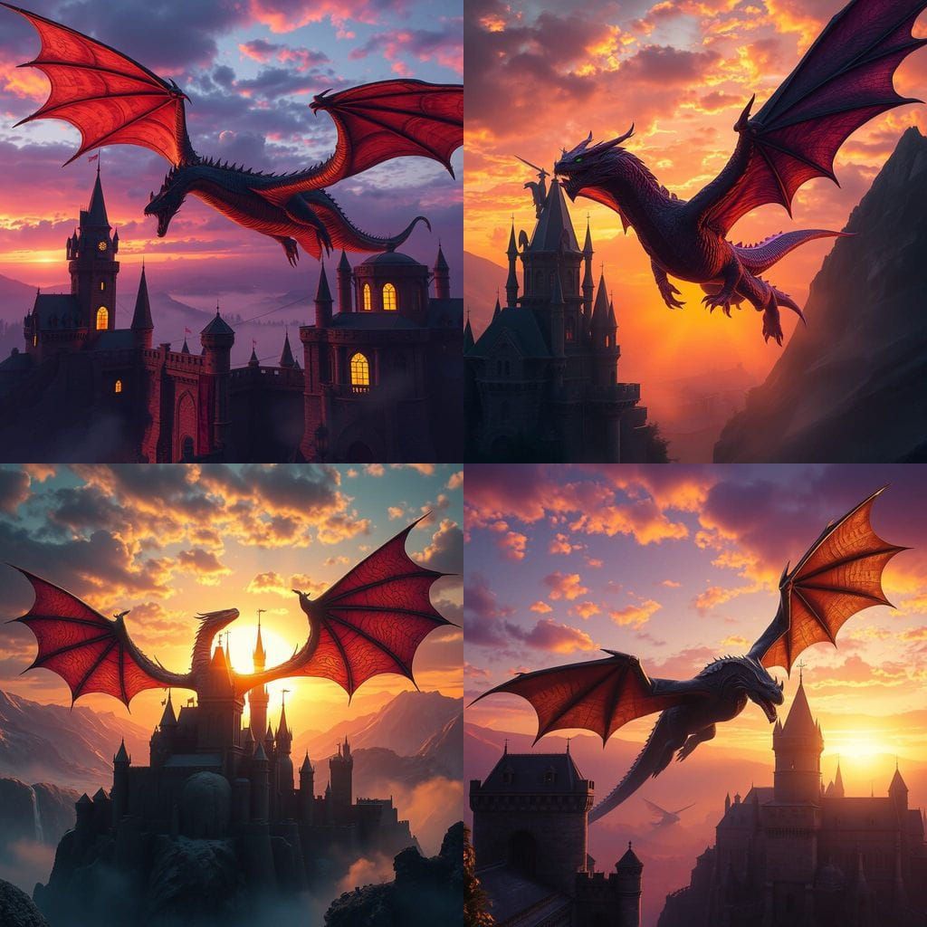 Dragon Soars Over Castle in Hyperrealistic Sunset Scene