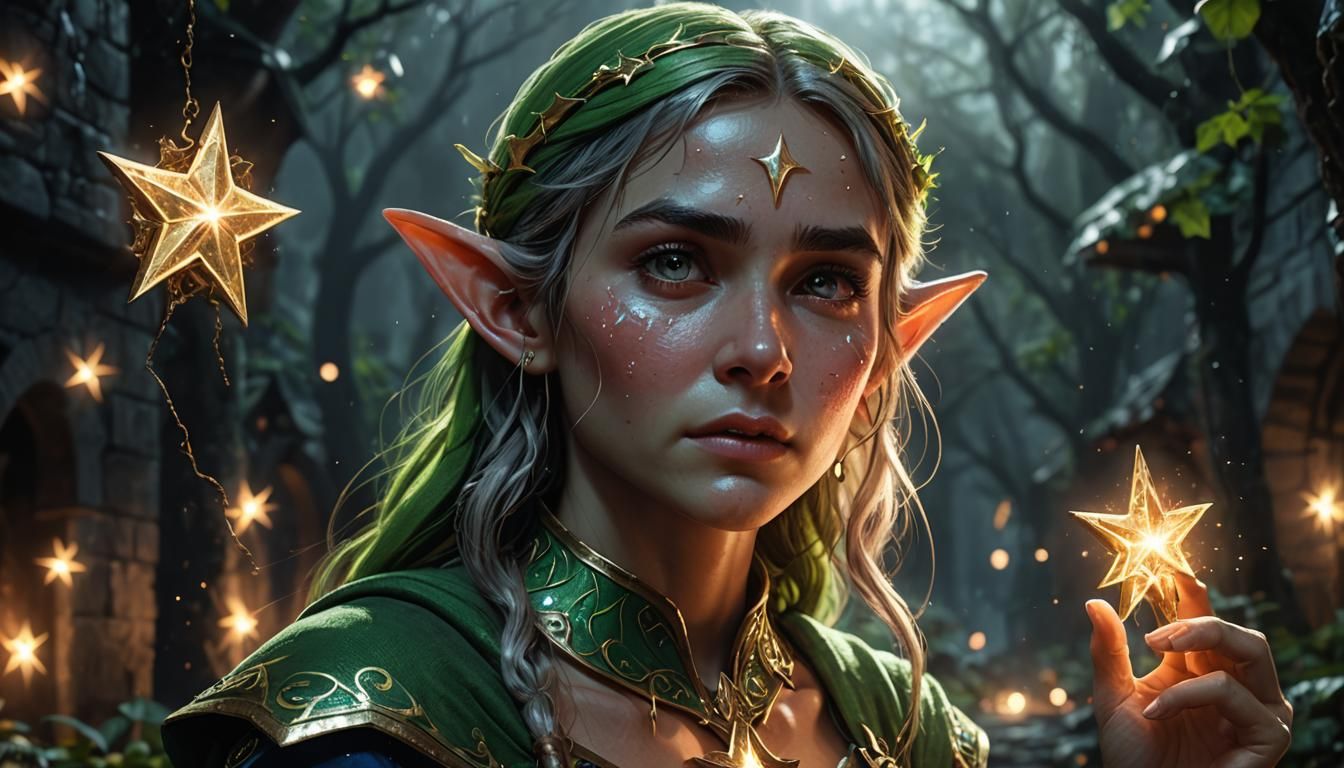 Sorrowful Elf Woman with Glowing Star Token