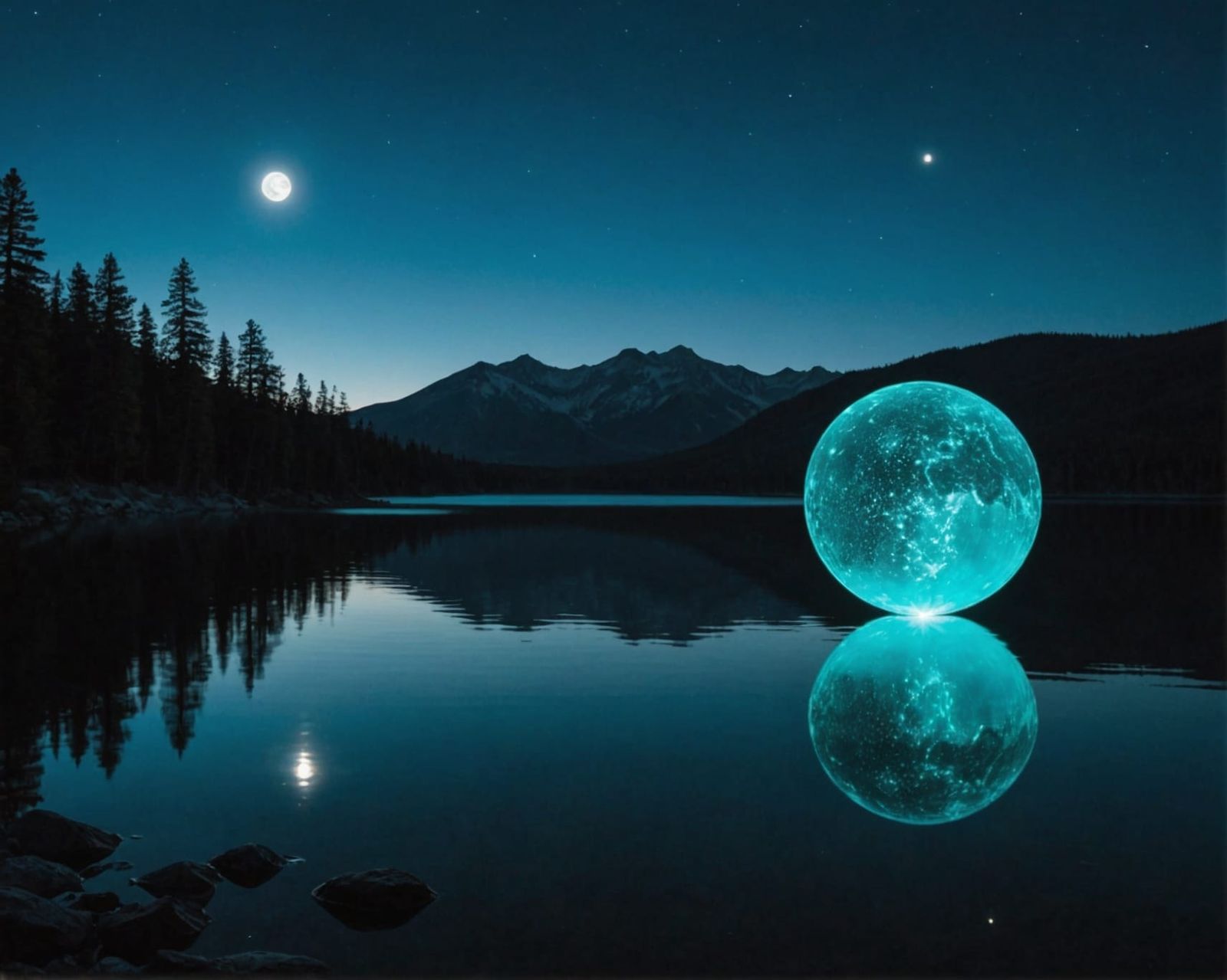 High-Tech Turquoise Orb Over Calm Lake at Night