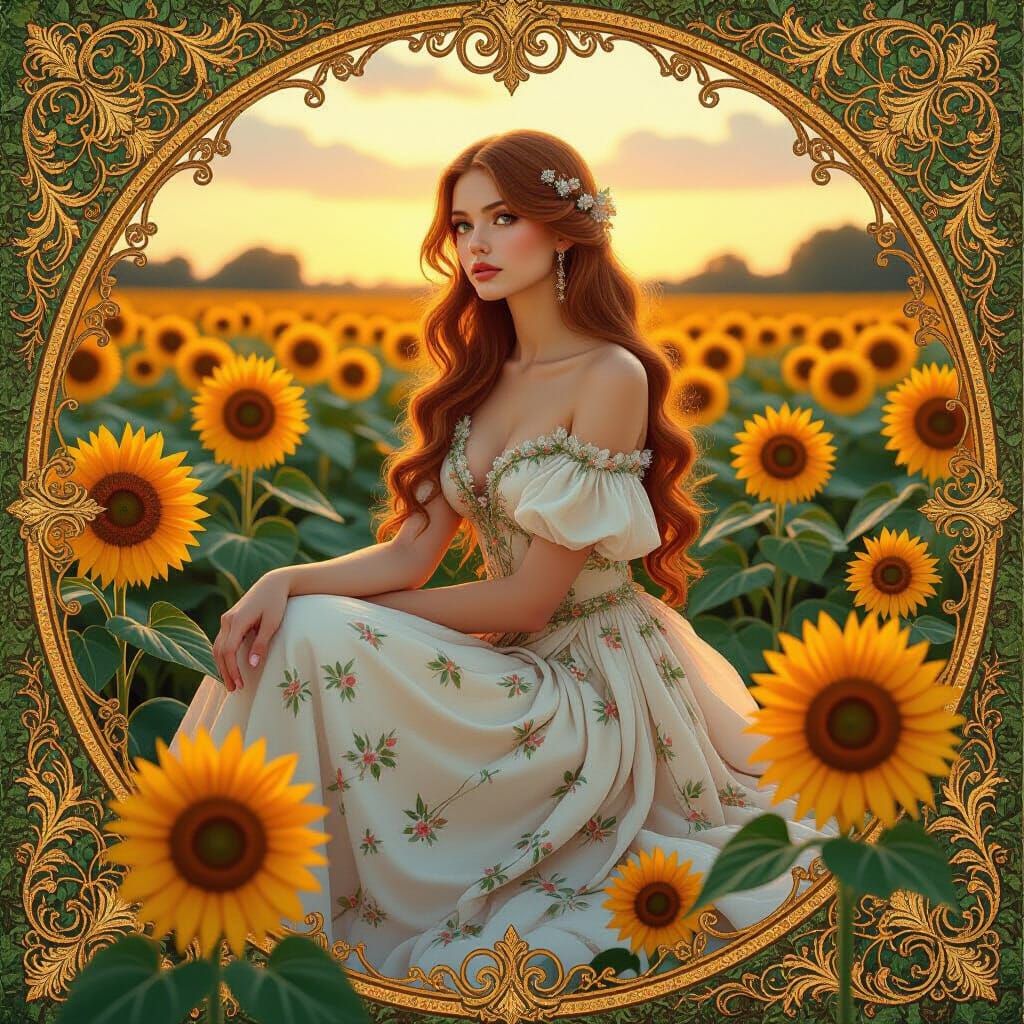 Art Nouveau Woman in Sunflower Field at Dawn