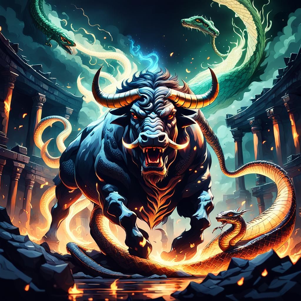 Epic Battle: Bull and Snake Fusion in Fantasy Art