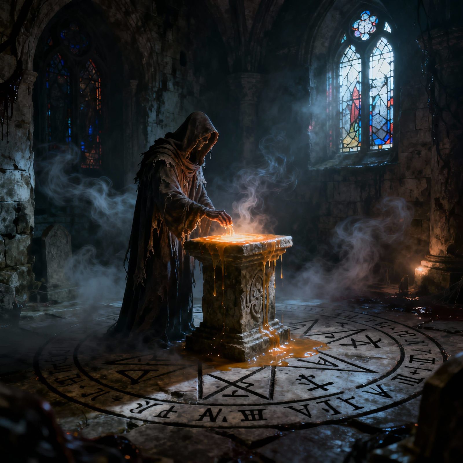 Macabre Crypt Ritual: Sinister Anointing in Chiaroscuro Styl...