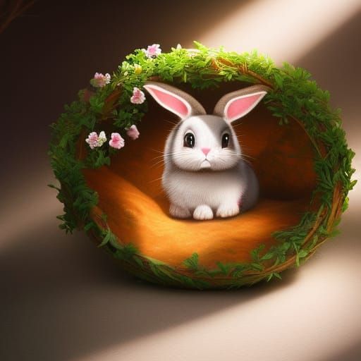 Cute Bunny in Teacup: Anime Digital Illustration