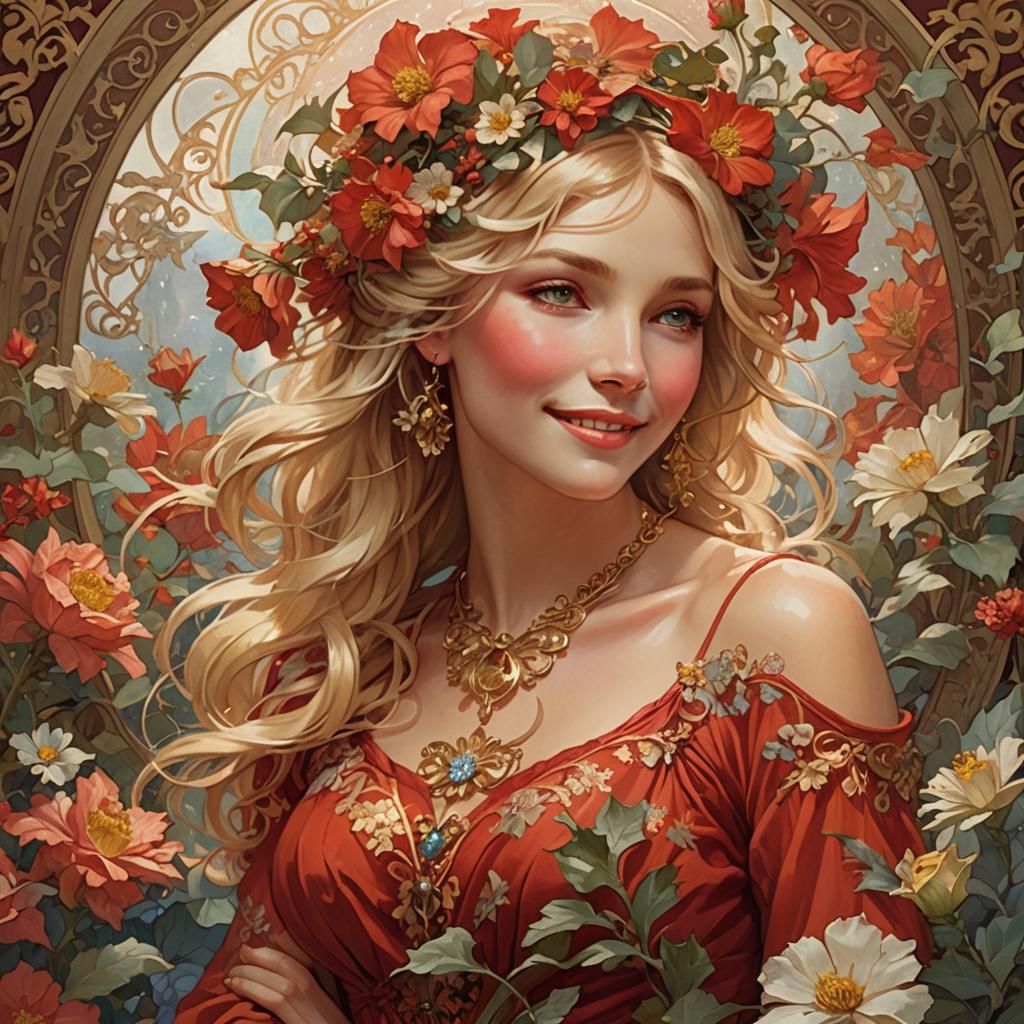 Smiling Woman in Floral Dress, Art Nouveau Style