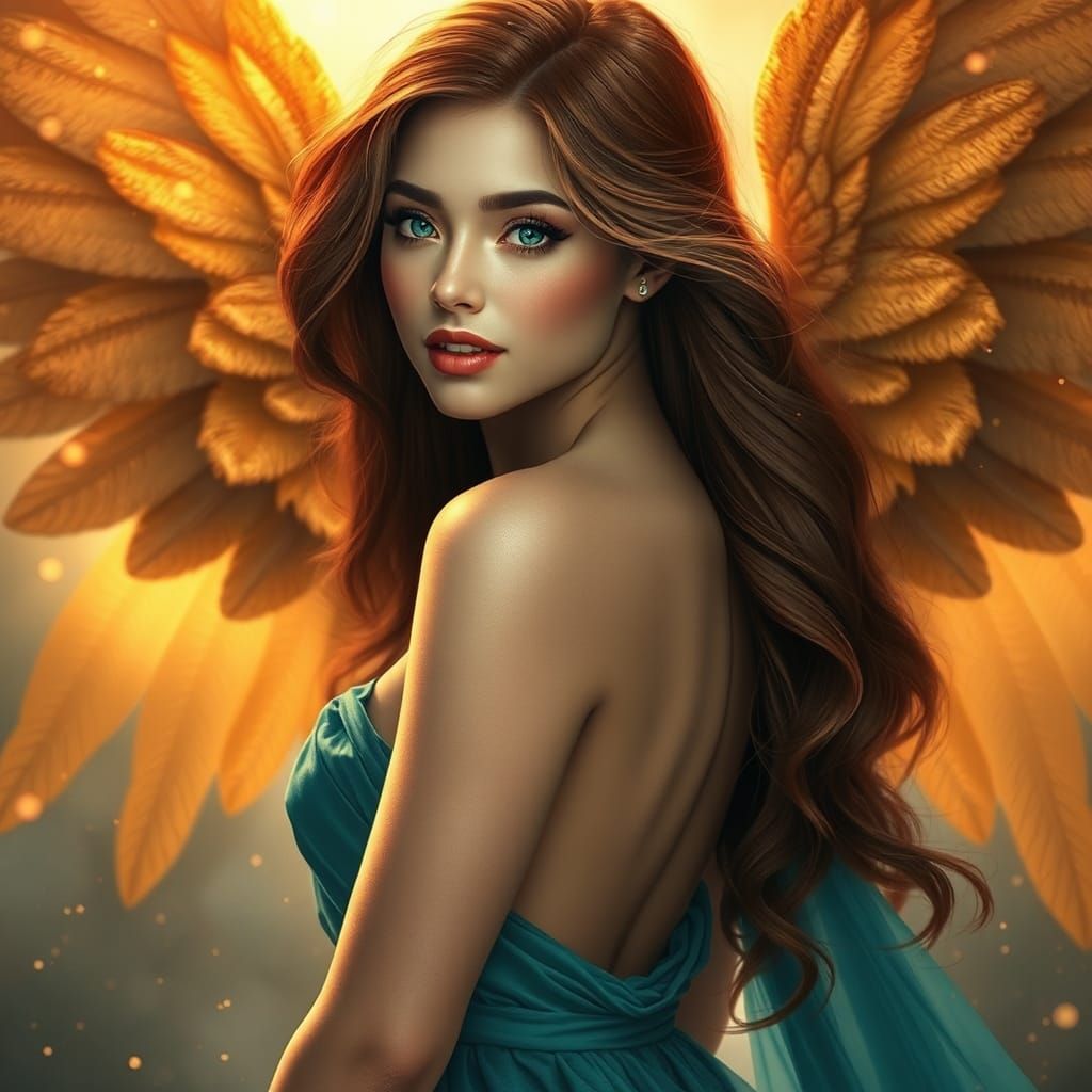 Ethereal Woman with Golden Wings in Fantasy Art Style