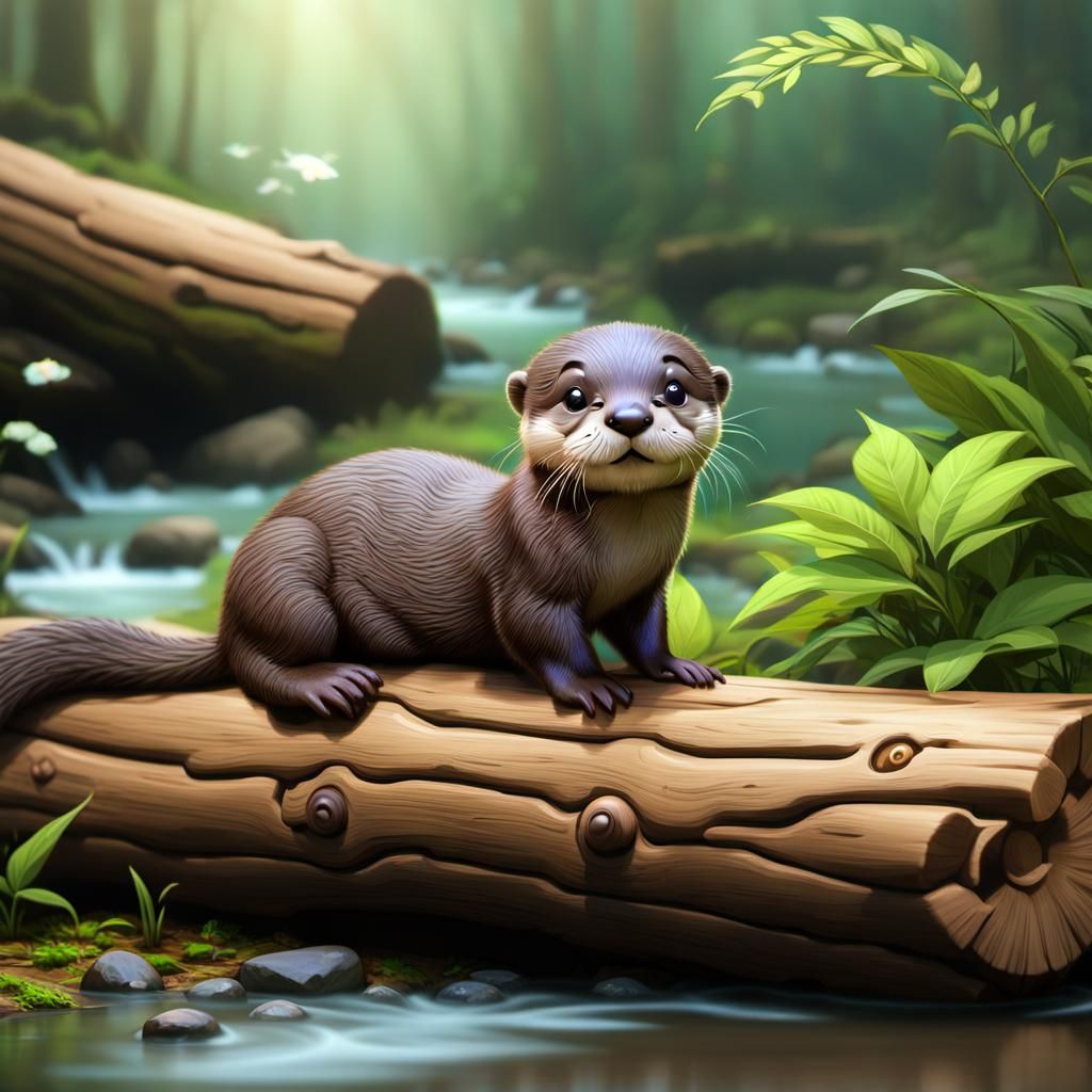 Adorable Baby Otter in Forest: 3D Digital Art