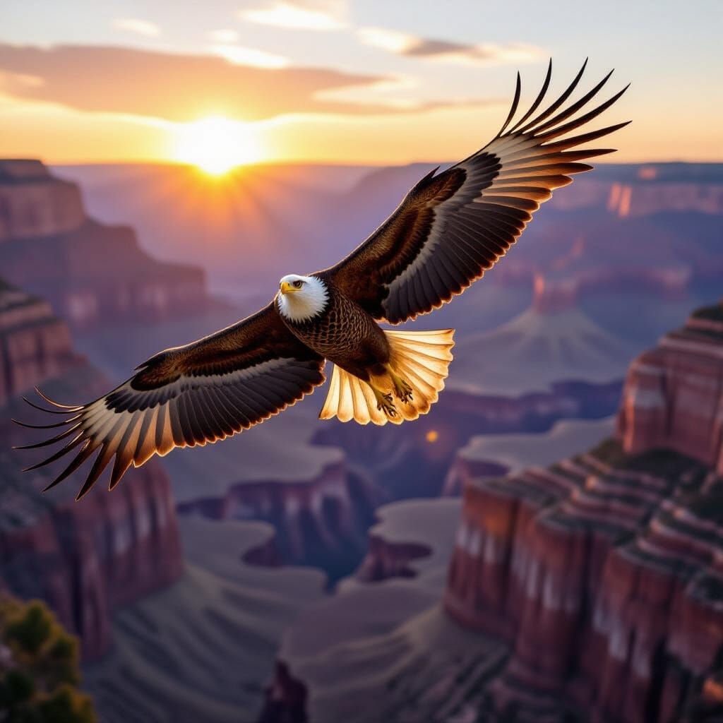 Golden Eagle Soars Over Grand Canyon at Sunset