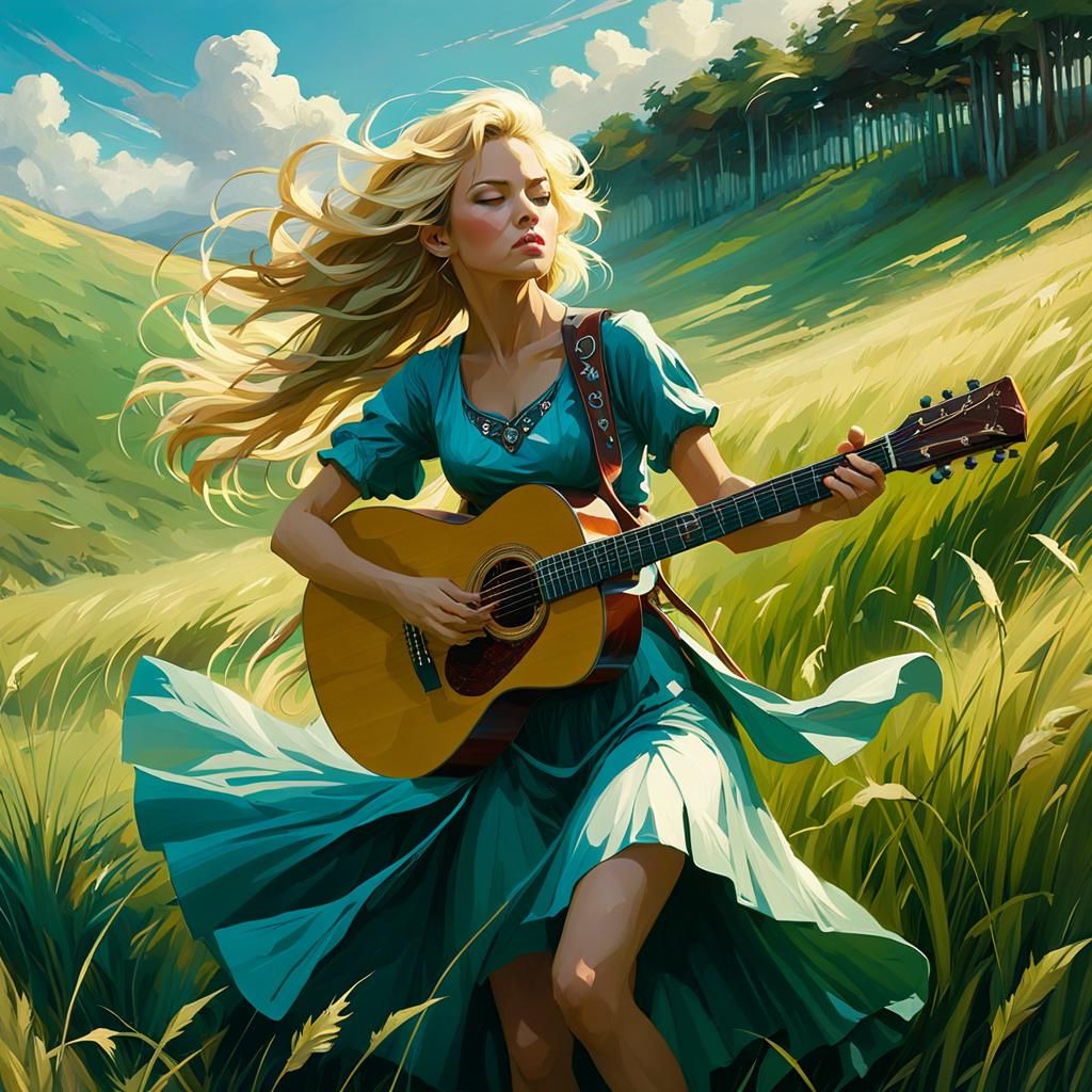 Blonde Beauty in Wind-Swept Landscape