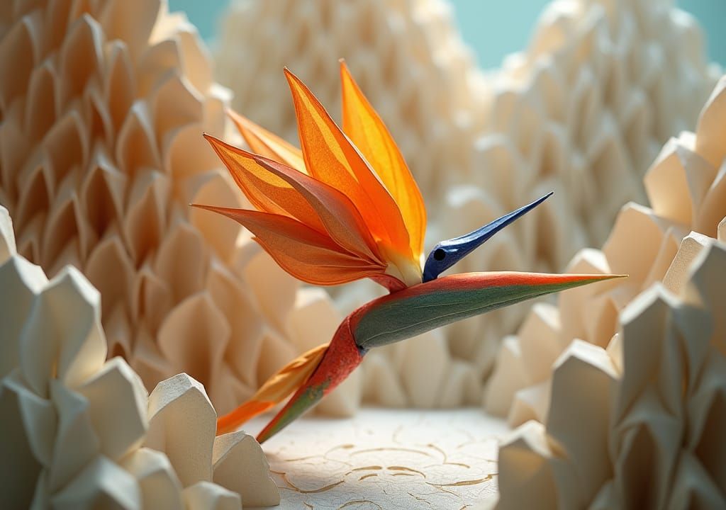 Origami Bird of Paradise in Paper Diorama