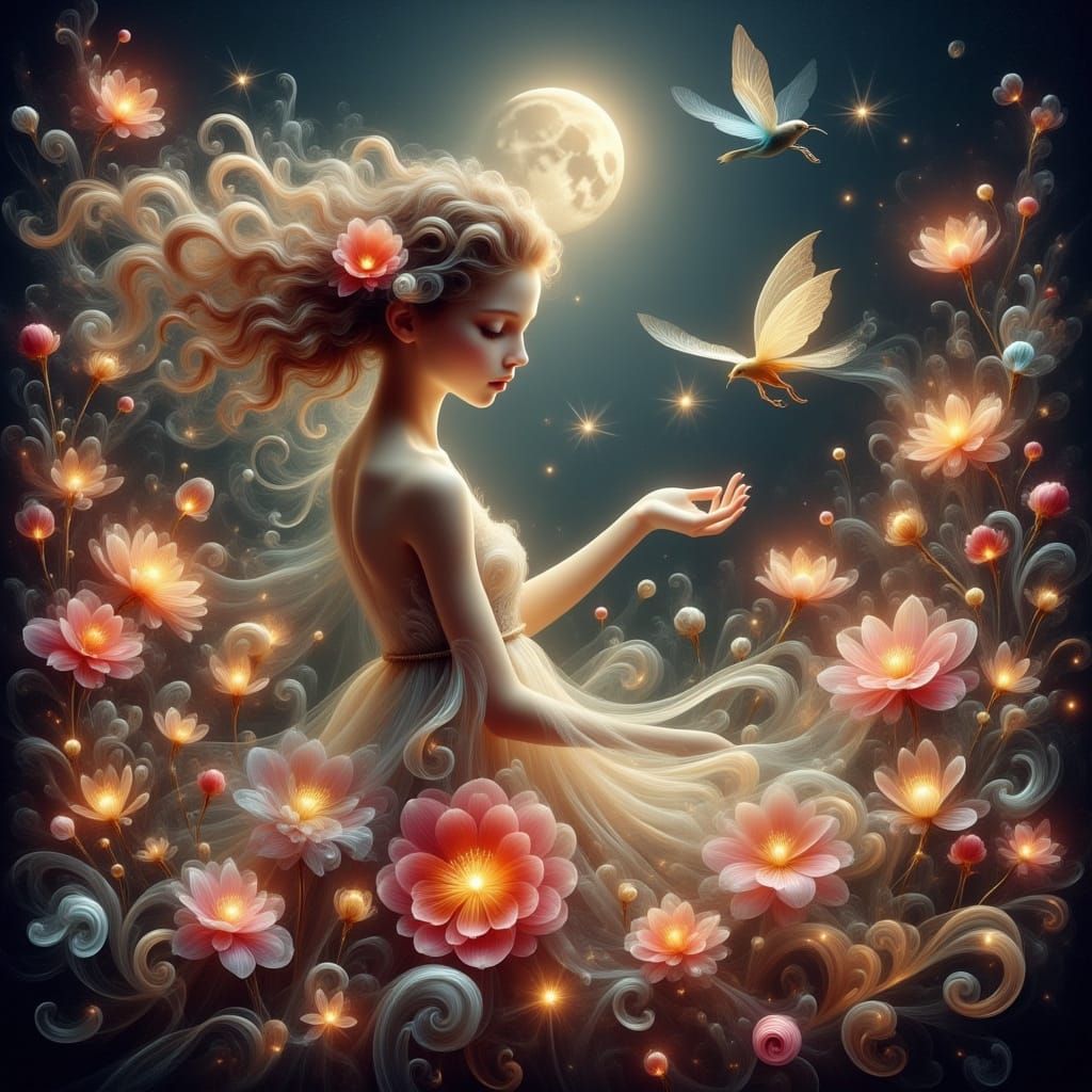 Fantasy image of A child in a natural garden setting • She h...