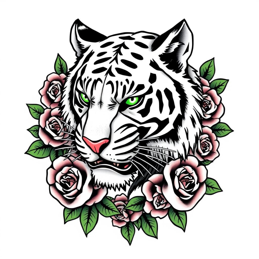 Vintage Sailor Jerry-Style Tiger Tattoo with Green Accents a...