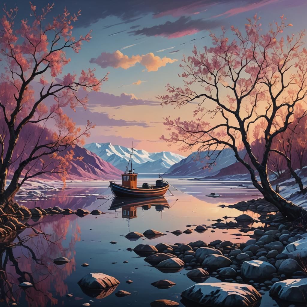 Arctic Lagoon Sunset in Oil Painting Style