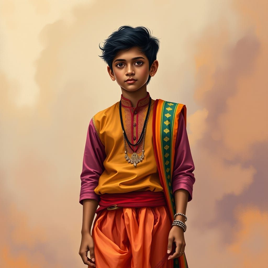 Teenage Boy in Traditional Indian Attire in a Timeless Setti...