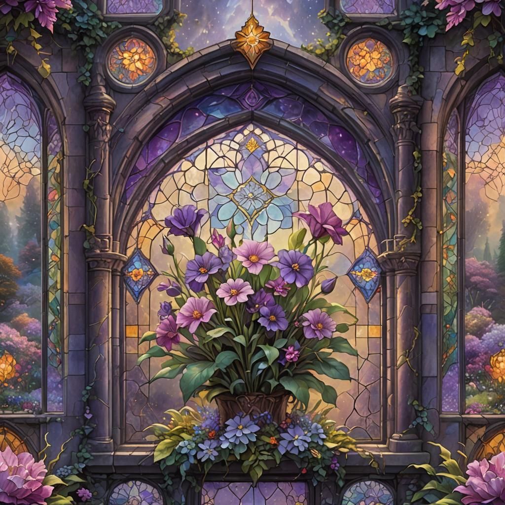Purple Flower in Stained Glass, Digital Matte Painting