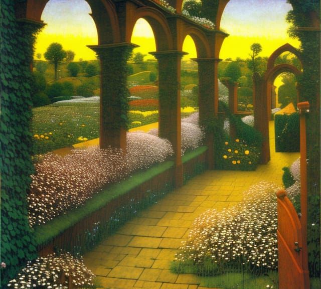 Sunrise Garden with Wildflowers in Art Nouveau Style
