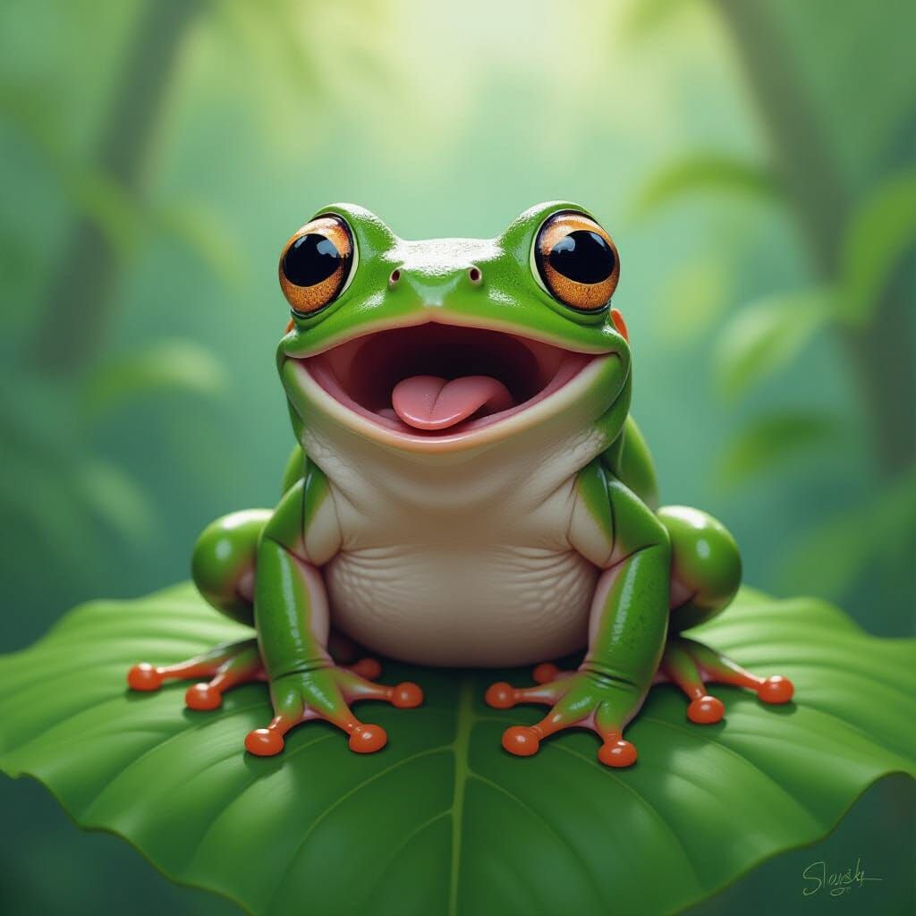 Surprised Frog on Leaf in Vibrant Environment