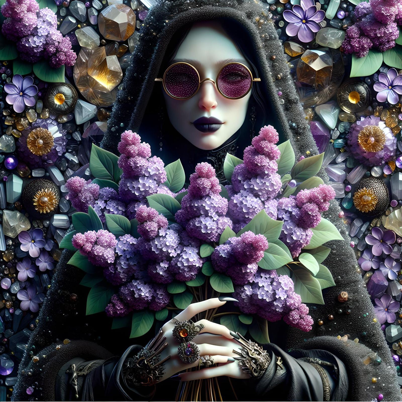 Gothic Vampire Cradles Crystalline Lilacs in Matte Painting