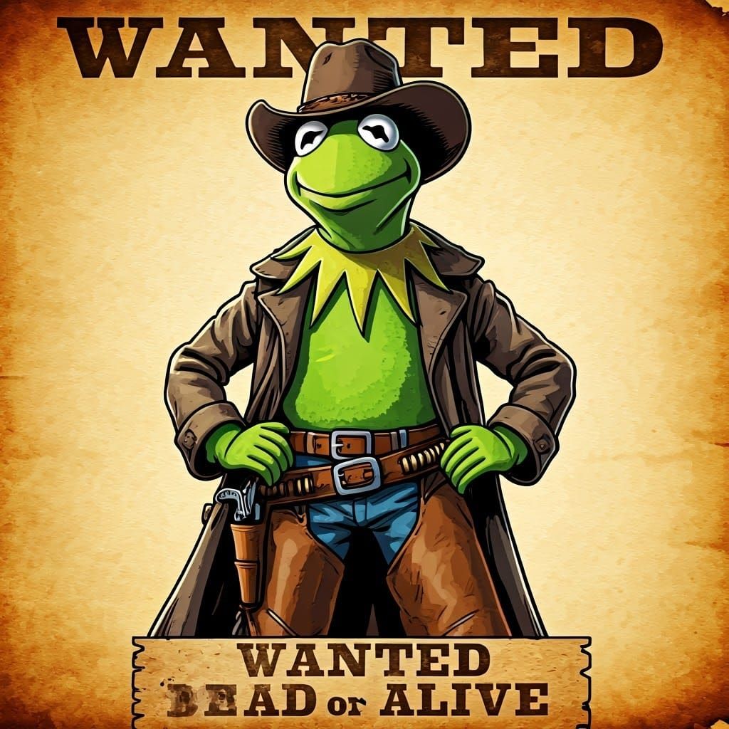 Wanted poster on parchment showing Kermit the Frog  dressed like a cowboy, sign saying,'WANTED dead or alive'