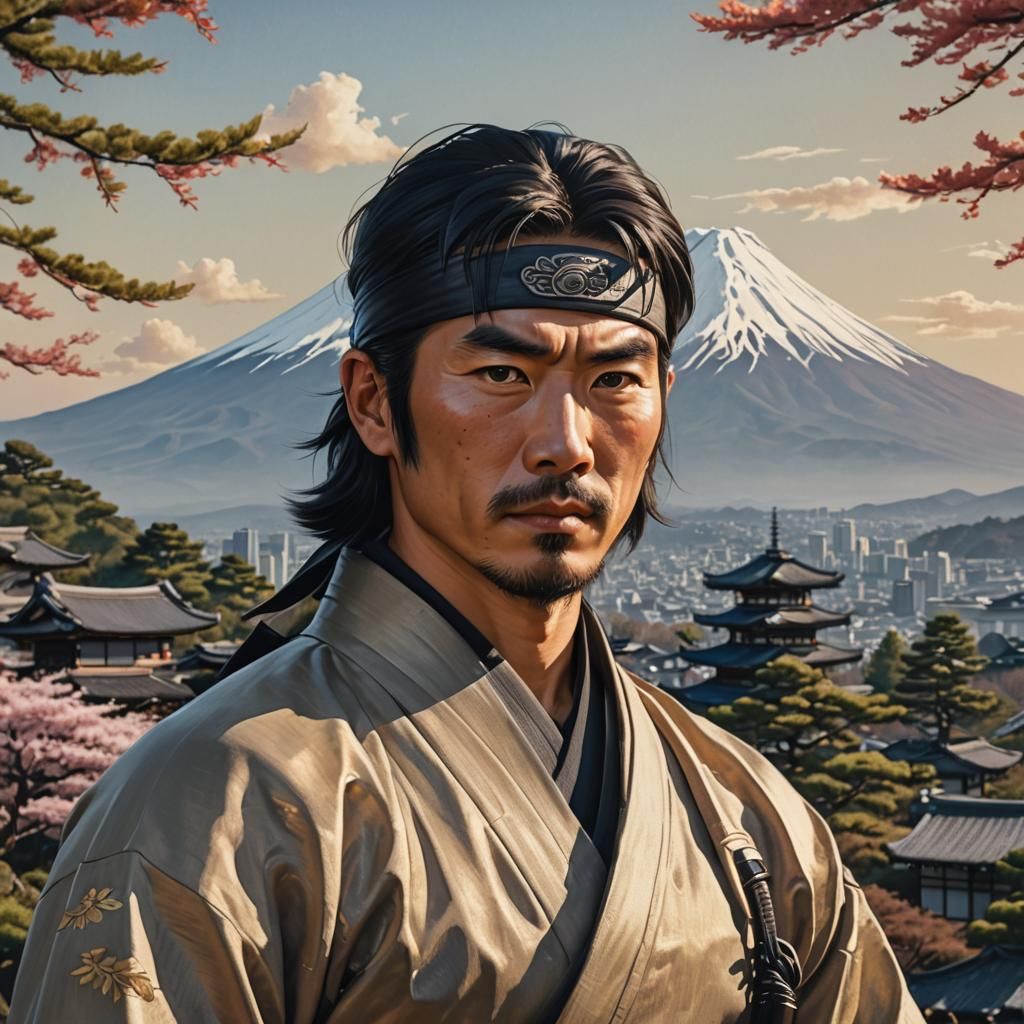 Ninja Portrait with Mount Fuji Backdrop in 8K
