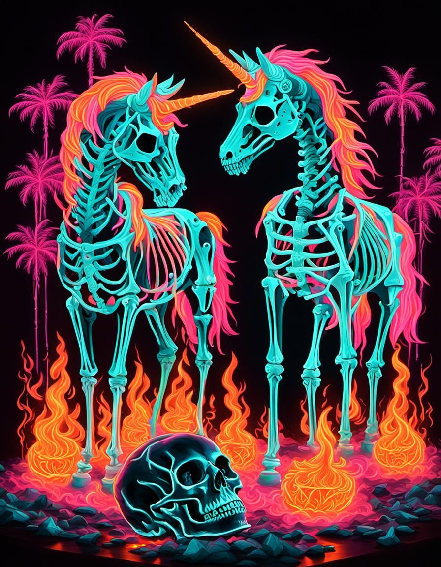 Neon Unicorn Skeletons Encampment with Flames