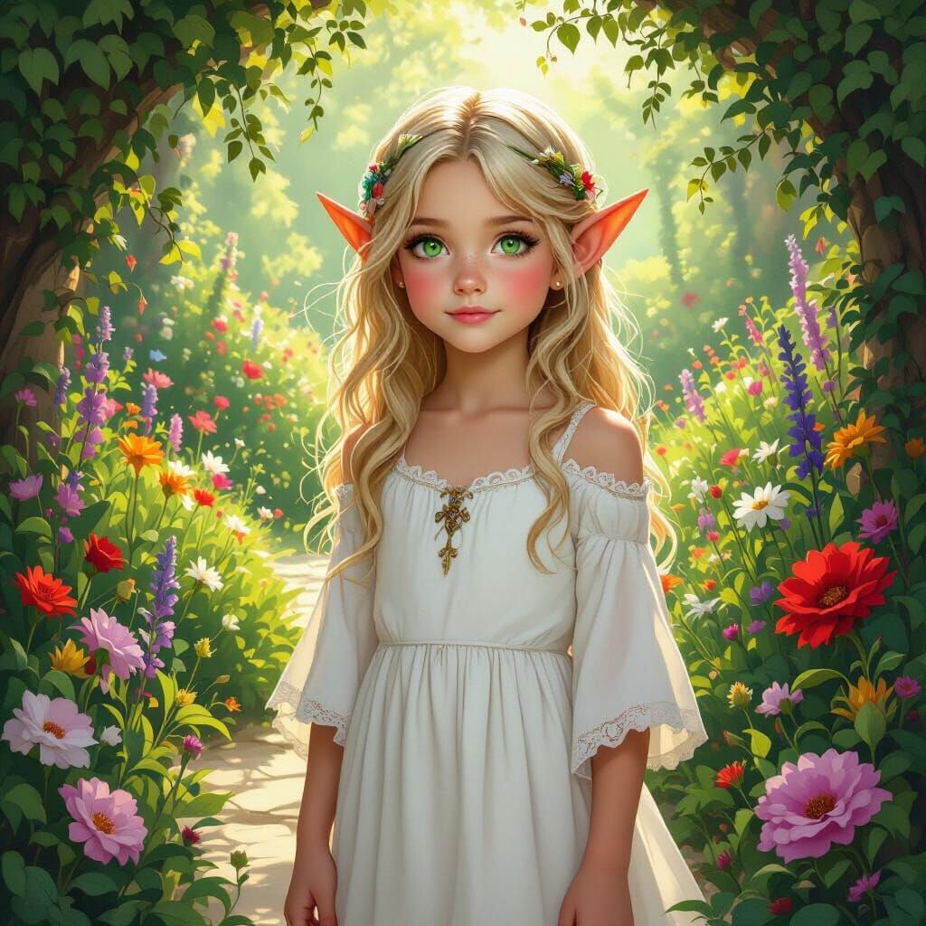 Elf Child in Medieval Garden, Fantasy Art