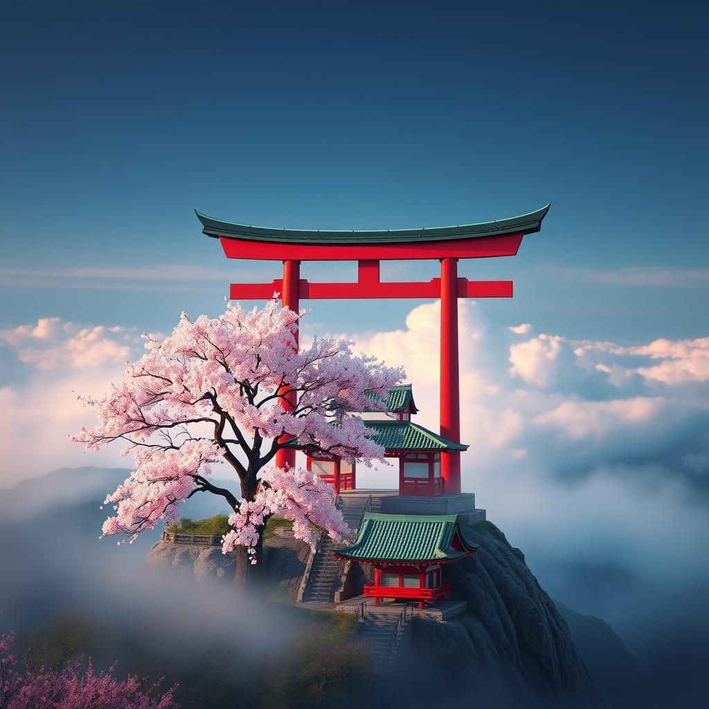 Japanese Shrine on Misty Mountain with Cherry Blossoms