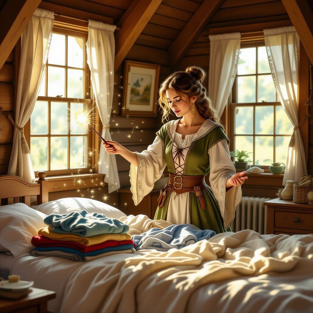 Mage Folds Laundry with Magic in Cozy Cottage