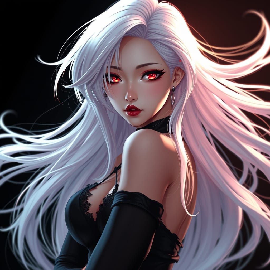 Elegant Japanese Girl with Crimson Eyes and Gothic-Chic Styl...