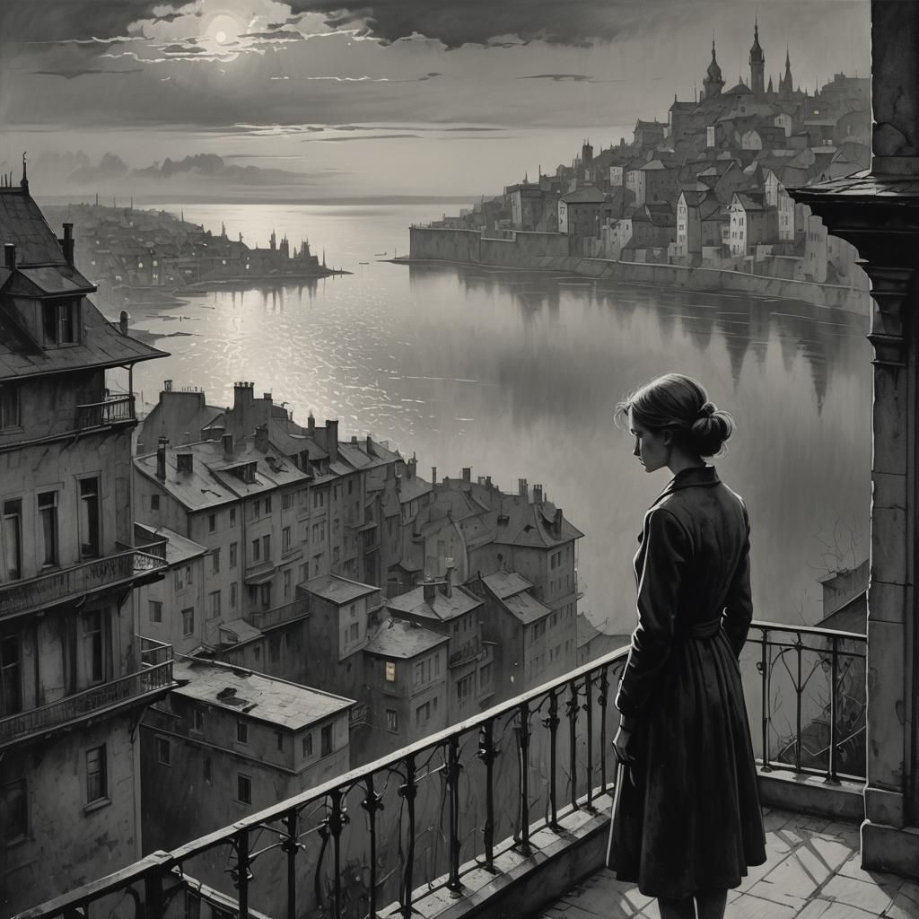 Fading Woman on Balcony in Monochromatic Art