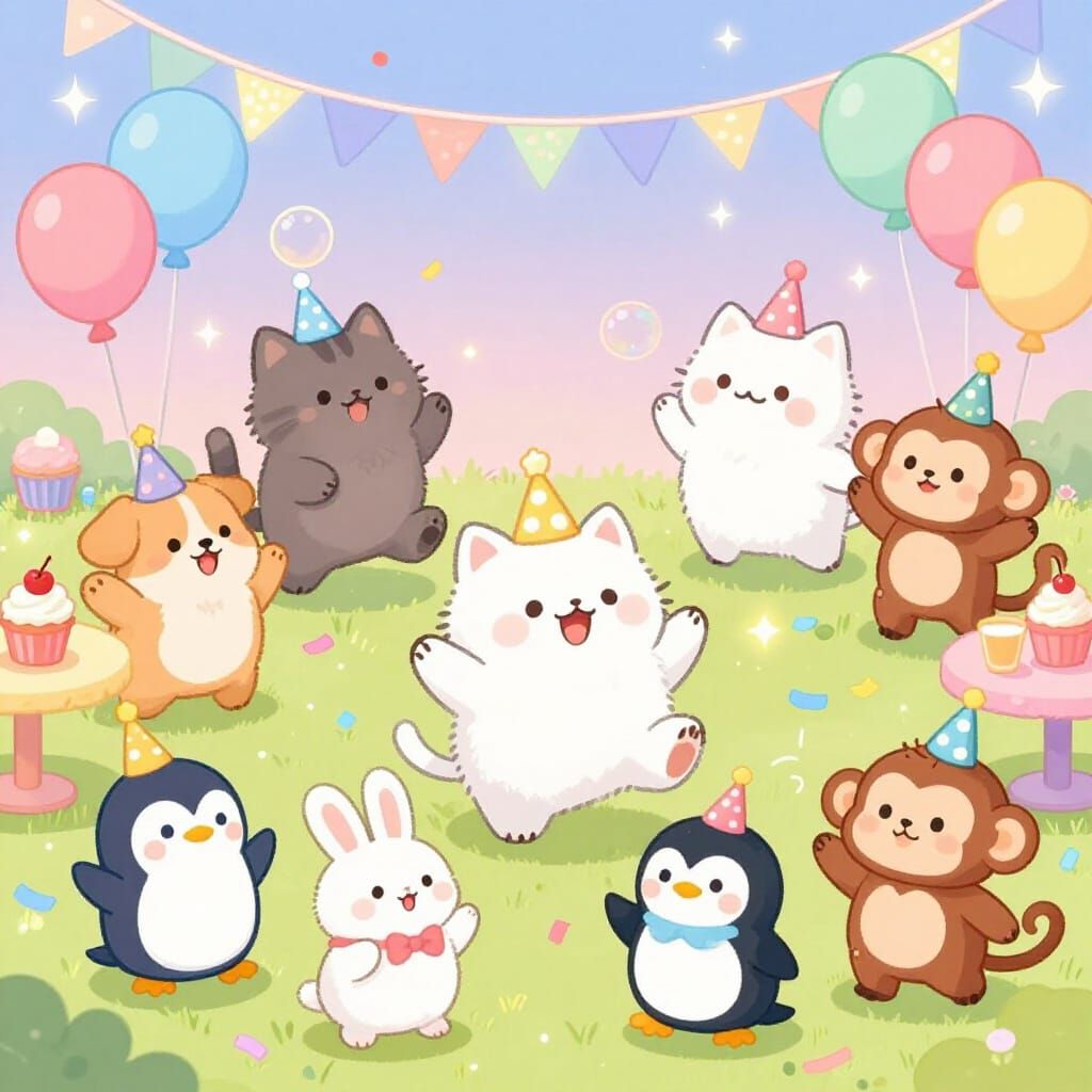 Whimsical Animal Party Celebration in Pastel Cartoon Style
