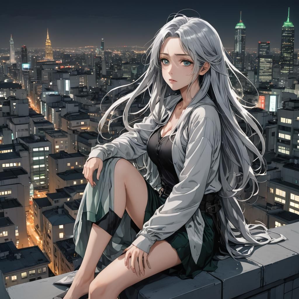 Silver Haired Girl Gazing at City, Anime Style