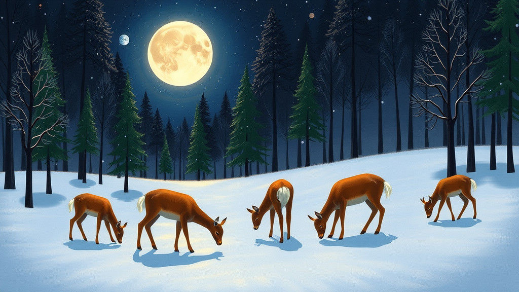 Deer in Moonlit Meadow: Naive Art Style